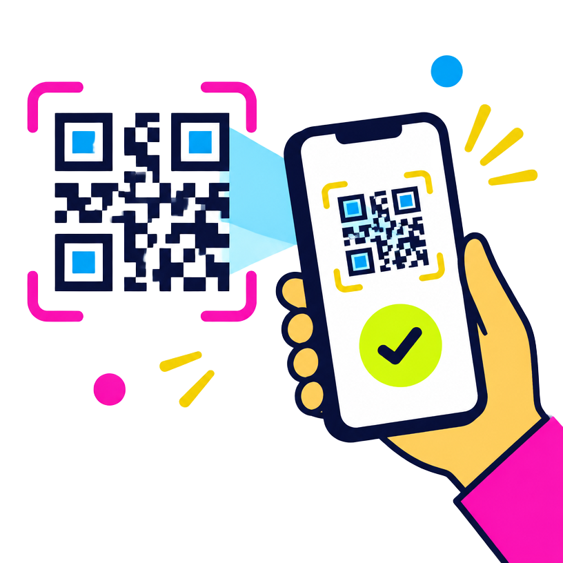 Phone scanning a QR code with a success tick