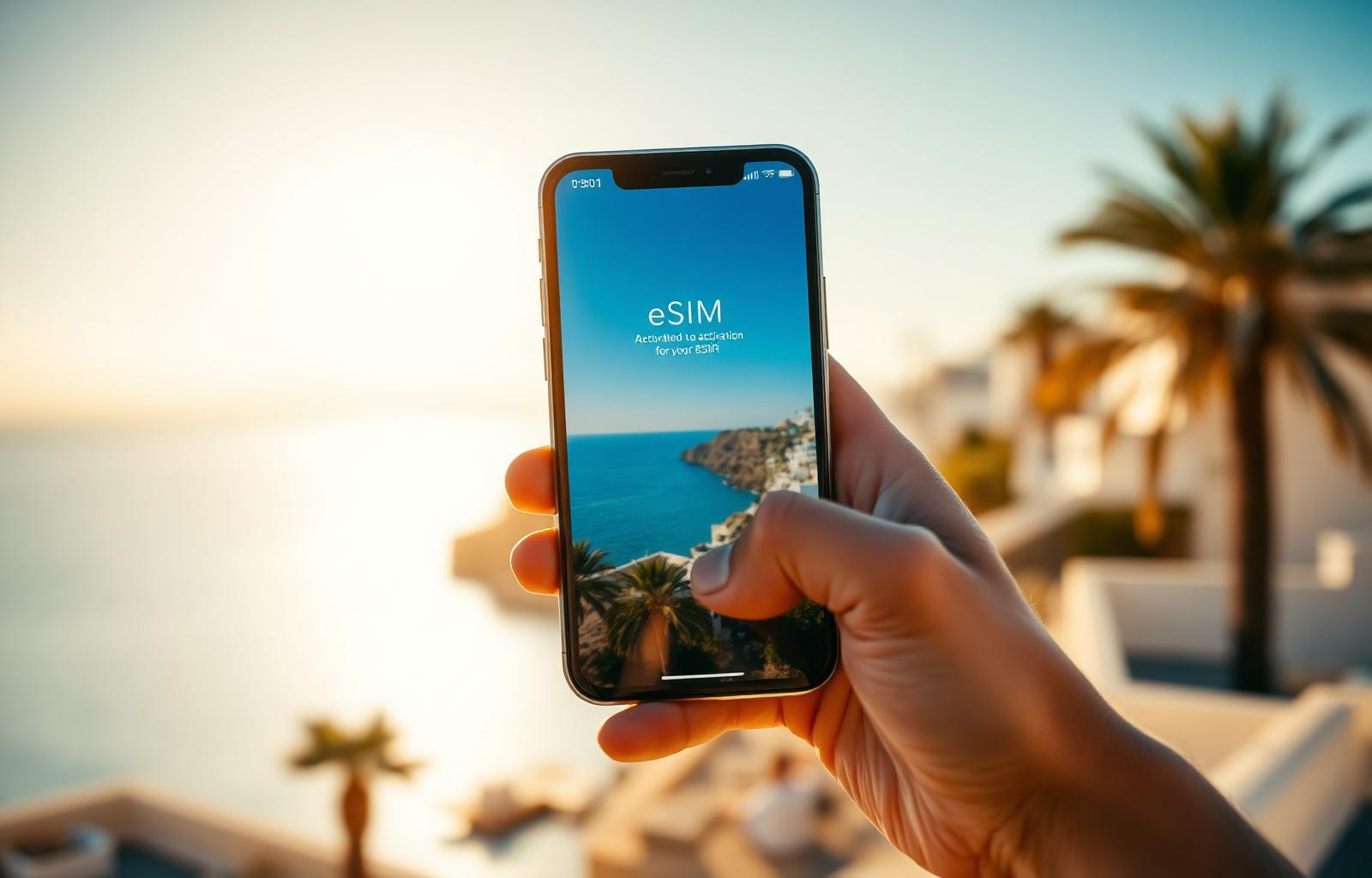Traveler activating a Skybyte eSIM on a smartphone overlooking a coastal city